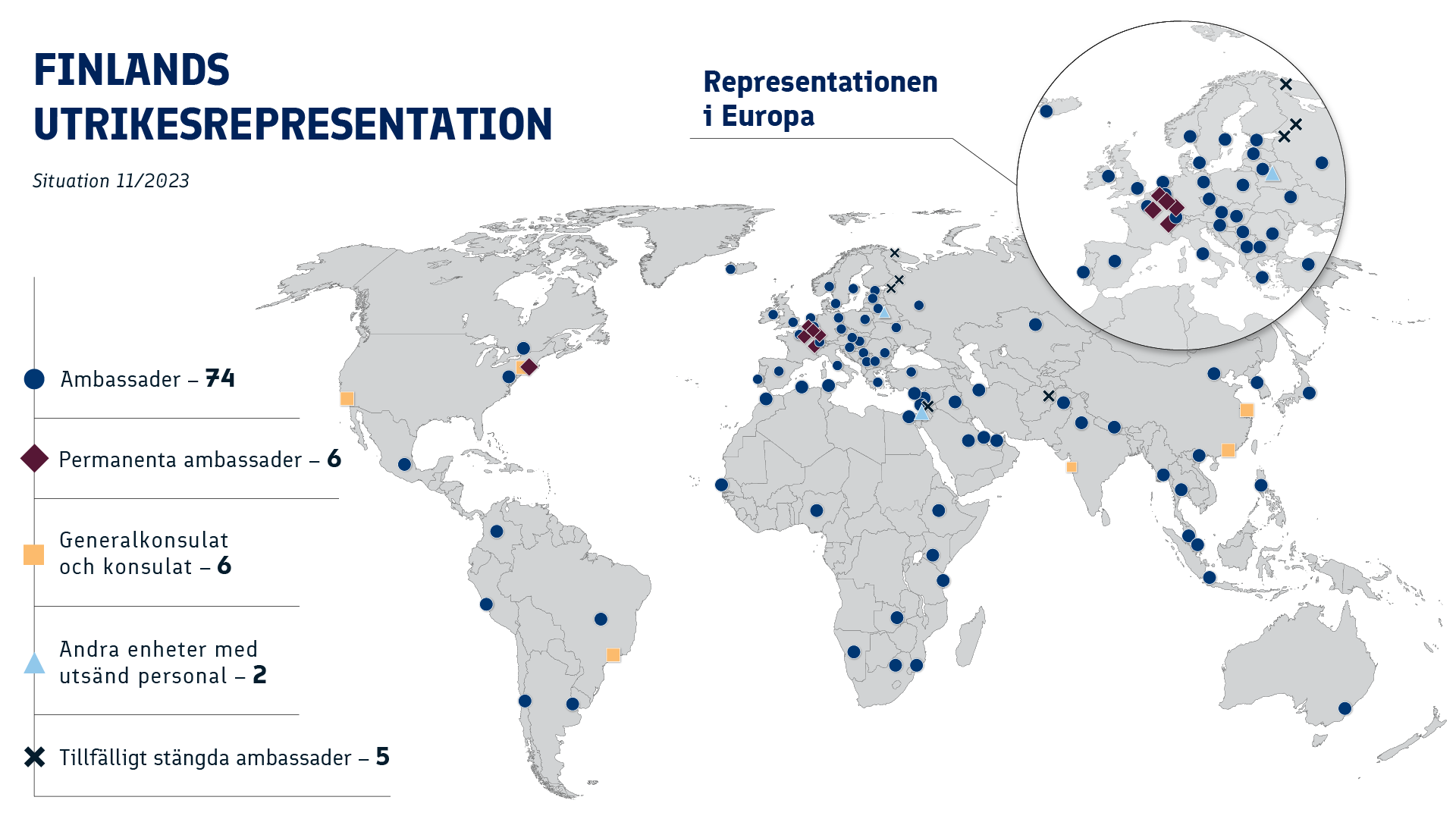 Karta som visar Finlands utrikesrepresentation.