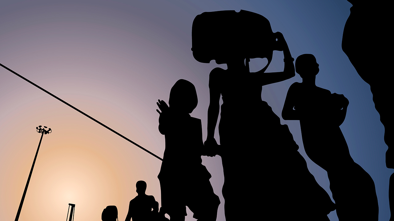 Silhouette image of refugees.