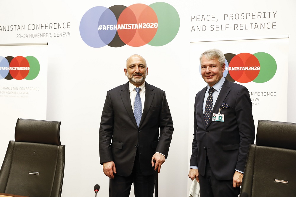 Haneed Atmar, Minister for Foreign Affairs of Afghanistan and Pekka Haavisto, Minister for Foreign Affairs of Finland at The Press Conference of the 2020 Afghanistan Conference, Palais des Nations. 23 November 2020. UN Photo by Jess Hoffman