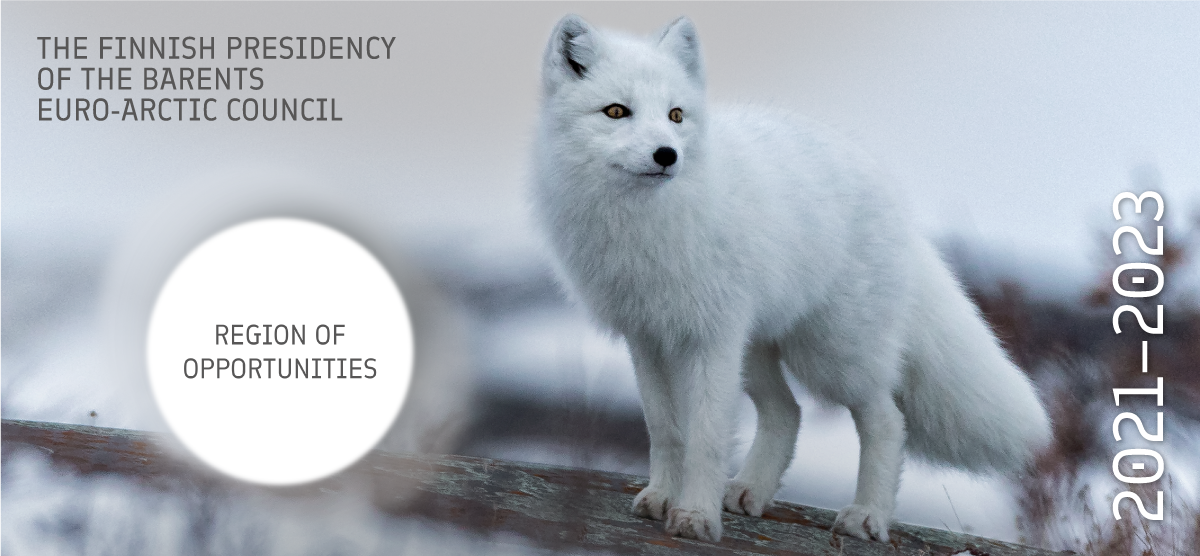 Arctic fox in the winter environment. And a text: Finnish Presidency in the Barents Euroarctic Council 2021-2023.