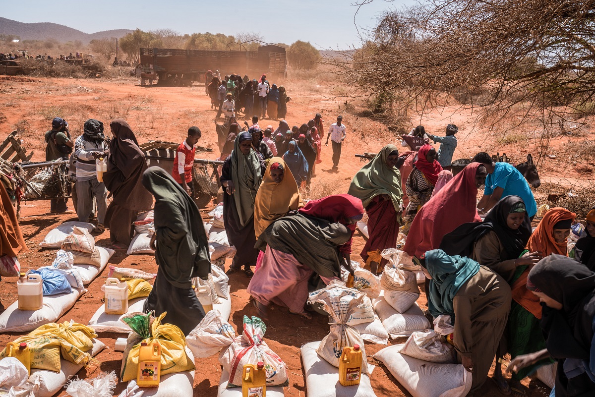 People are queuing for food supplies in a desert town.
