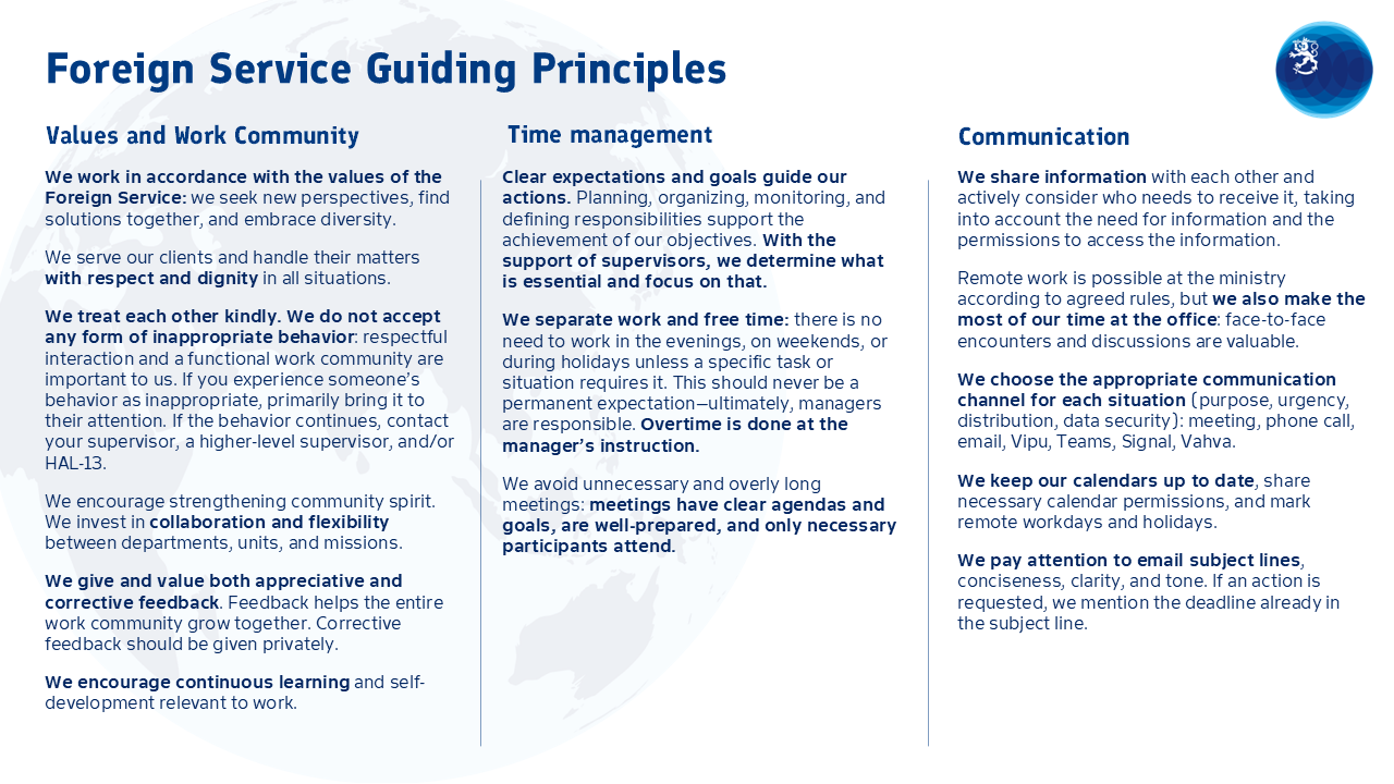 The Foreign Service’s guiding principles, which are given as text on the page.