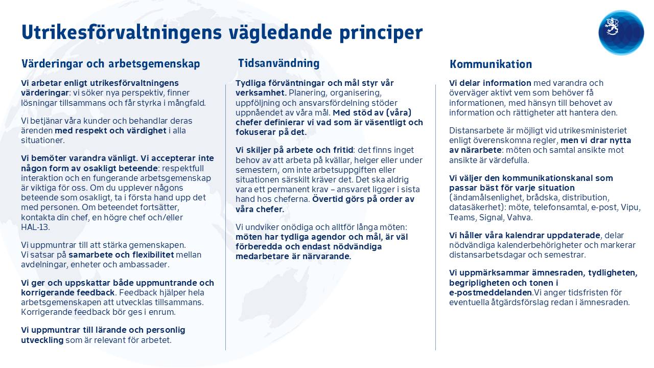 På bilden finns utrikesförvaltningens rumstavla, vars innehåll visas som text på sidan. 