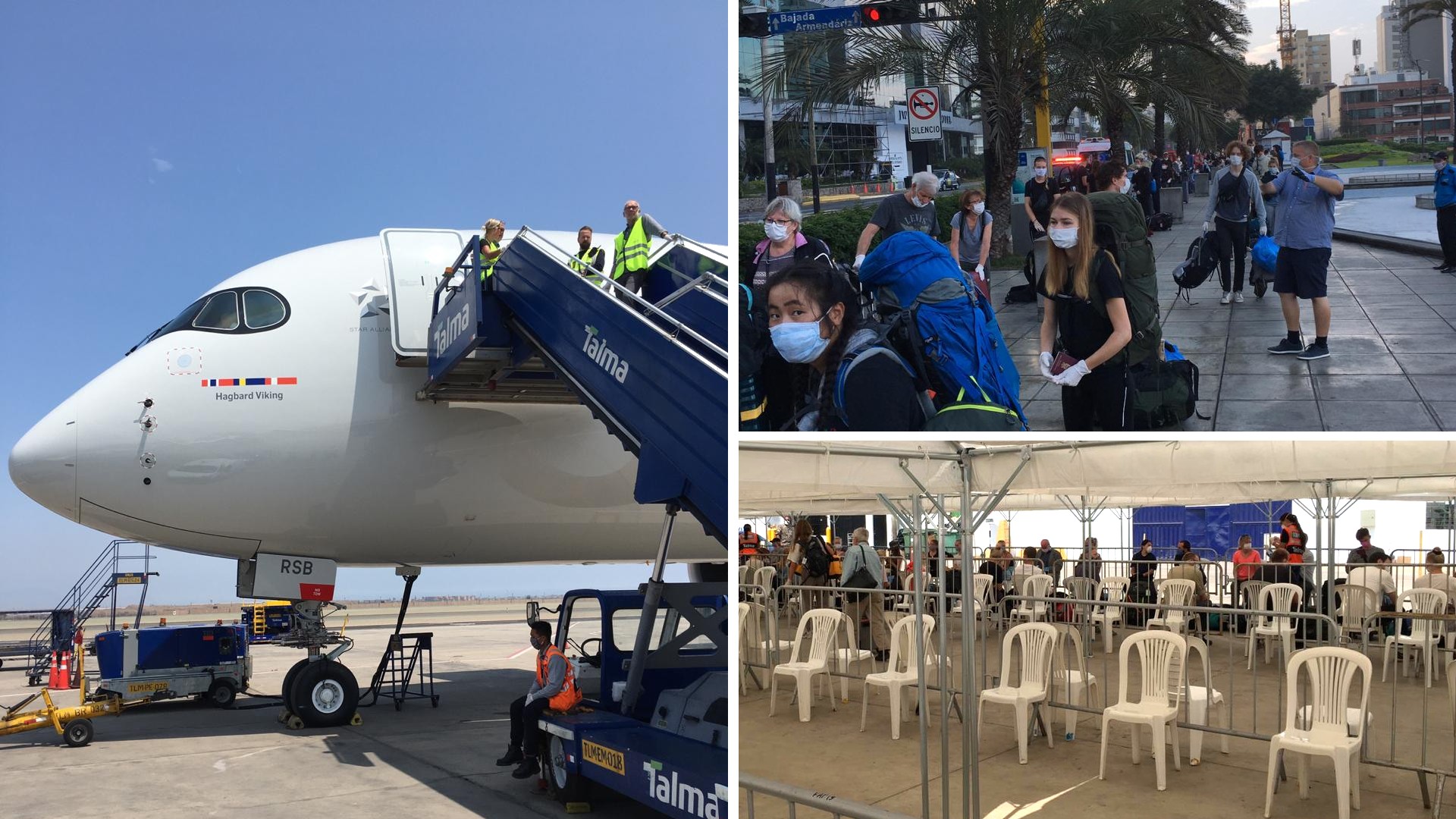 Kuvamosaiikki: matkailijat palaavat Perusta kotimaihinsa EU-maiden järjestämällä kotiutuslennolla. Jonotusta kadulla ja teltassa, lentokone valmiina vastaanottamaan matkustajia.