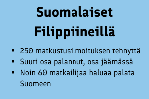 Suomalaiset Filippiineillä: 250 matkustusilmoituksen tehnyttä Suuri osa palannut, osa jäämässä  Noin 60 matkailijaa haluaa palata Suomeen