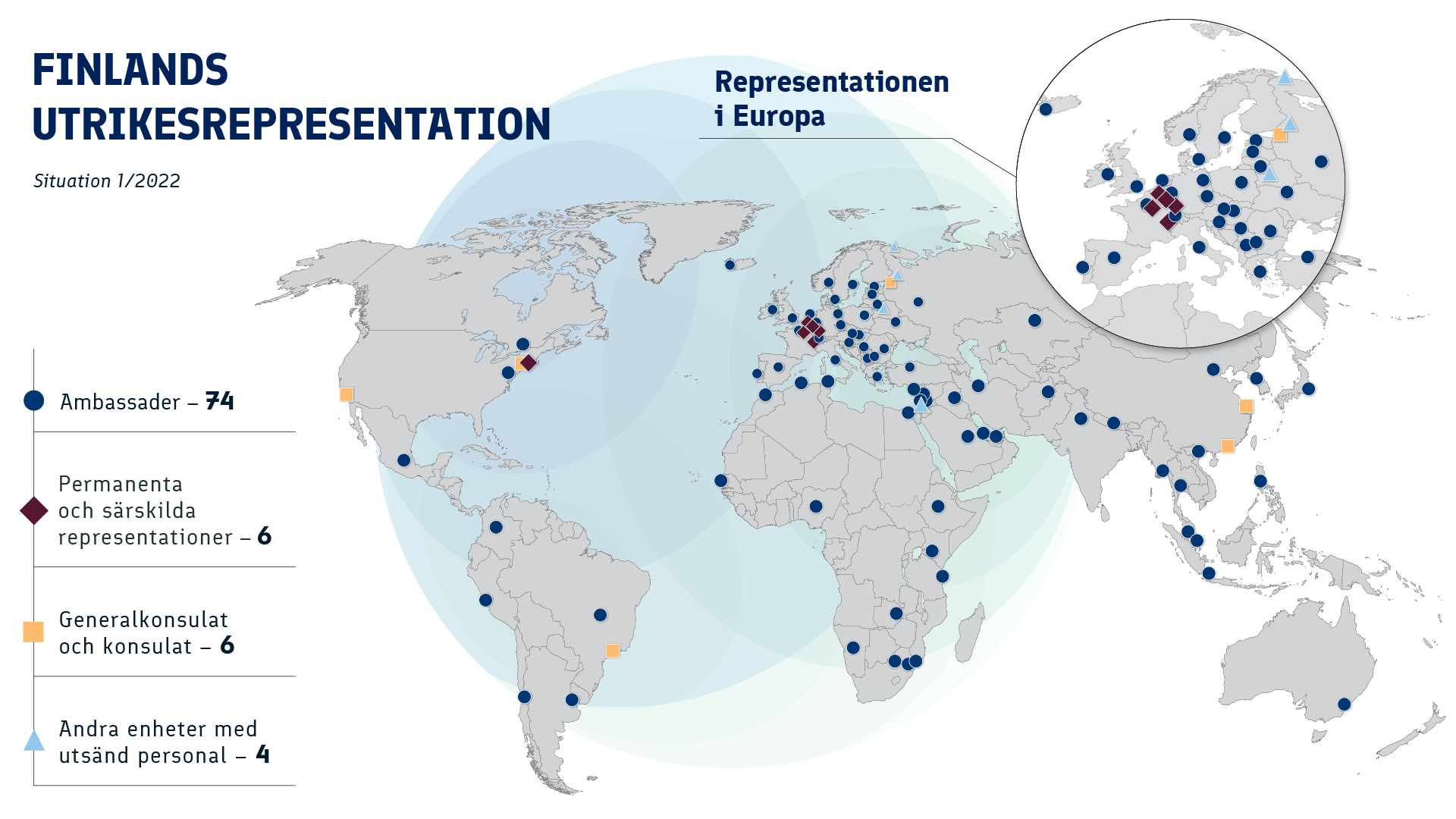 Världskarta med Finlands utrikesrepresentationer