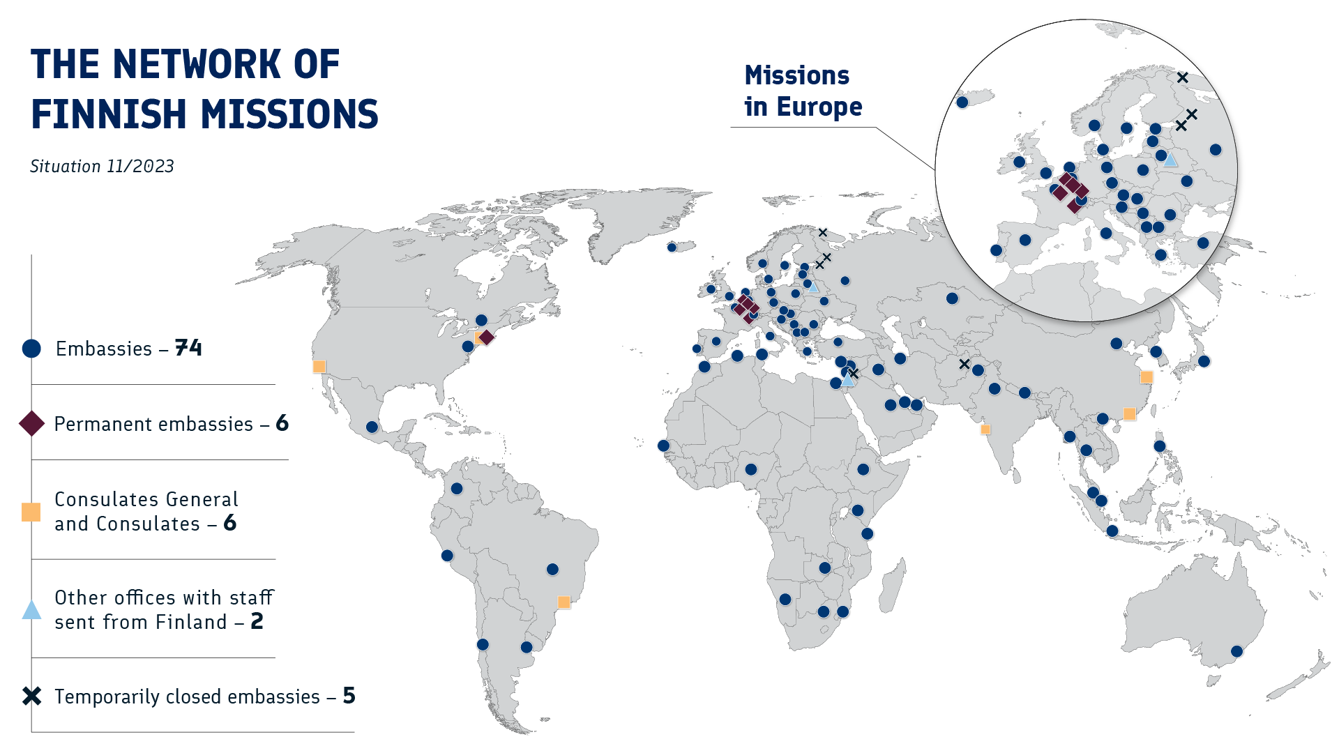 Map that shows the network of Finnish missions abroad.