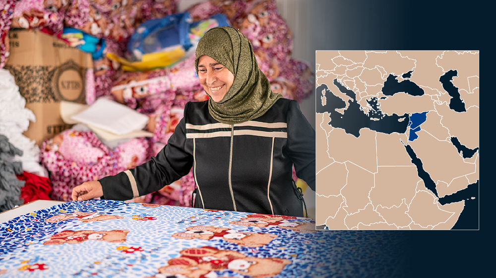 A scarf-headed woman in a refugee camp in Jordan.