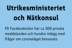 På utrikesministeriets och Nätkonsulns Facebooksidor har ca 300 privata meddelanden och hundra inlägg med frågor om coronaläget besvarats.