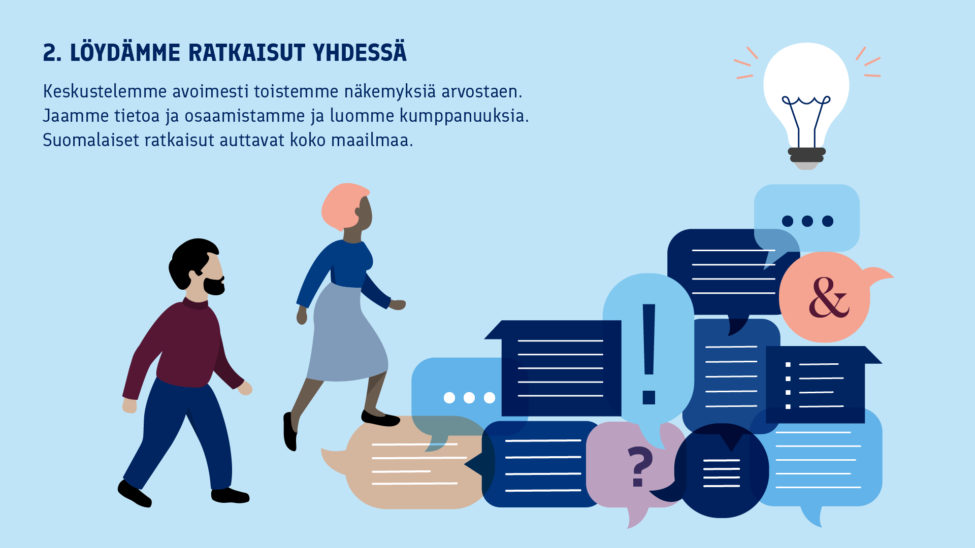 Mies ja nainen kiipeävät viestikuplien muodostamia portaita kohti syttyvää lamppua.