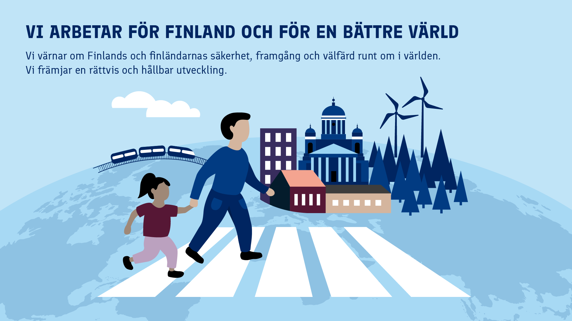På bilden lägger den äldre föräldern barnet över skyddsvägen. I bakgrunden syns stadens silar, hus, väderkvarnar och tåg.