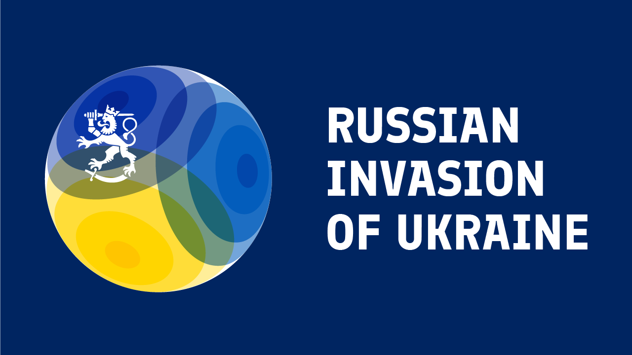 Text "Russian invasion of Ukraine" and the Foreign ministry's logo on dark blue background