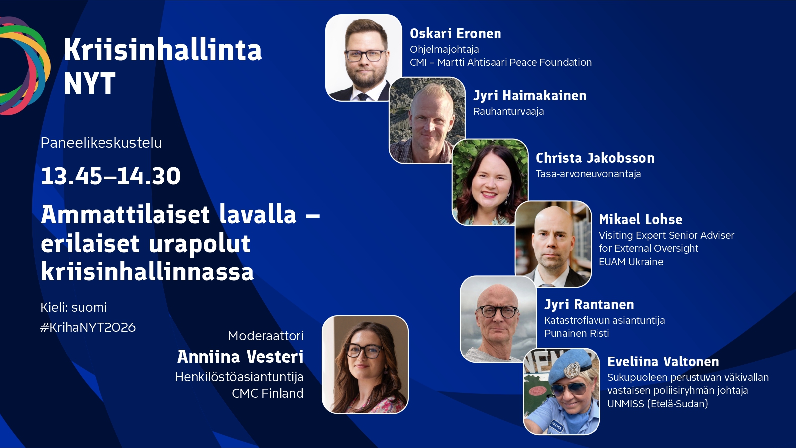 Kuvassa on paneelikeskusteluun osallistuvien henkilökuvat. Kuvassa ei ole olennaista lisätietoa, vaan keskustelijoiden tiedot kerrotaan tekstisisällössä.