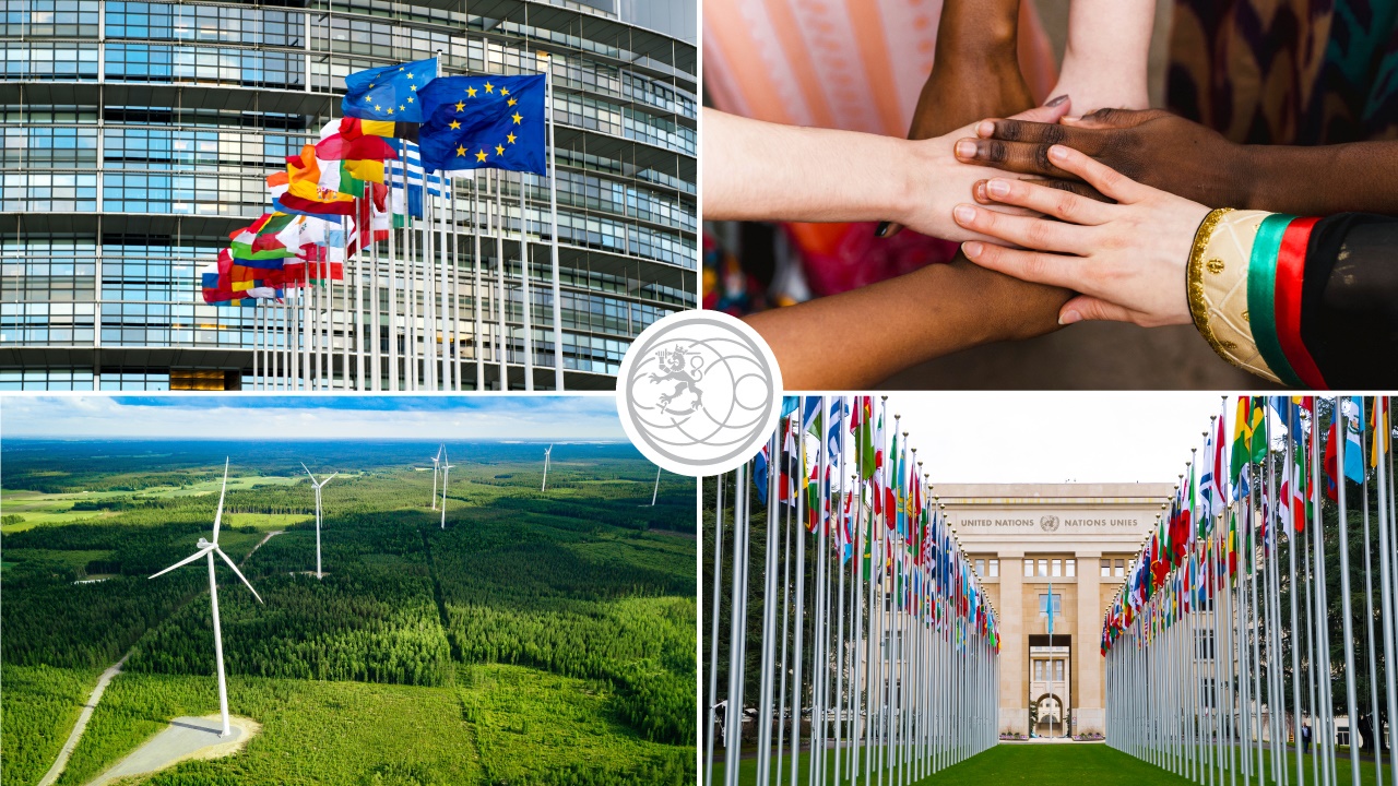 Kuvakollaasissa Euroopan parlamentin rakennus lippuineen, ihmisten käsiä päällekkäin, YK:n rakennus Genevässä, ja tuulimyllyjä.