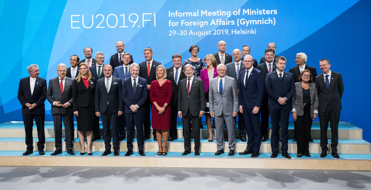 EU's foreign ministers in a group photo in Helsinki.