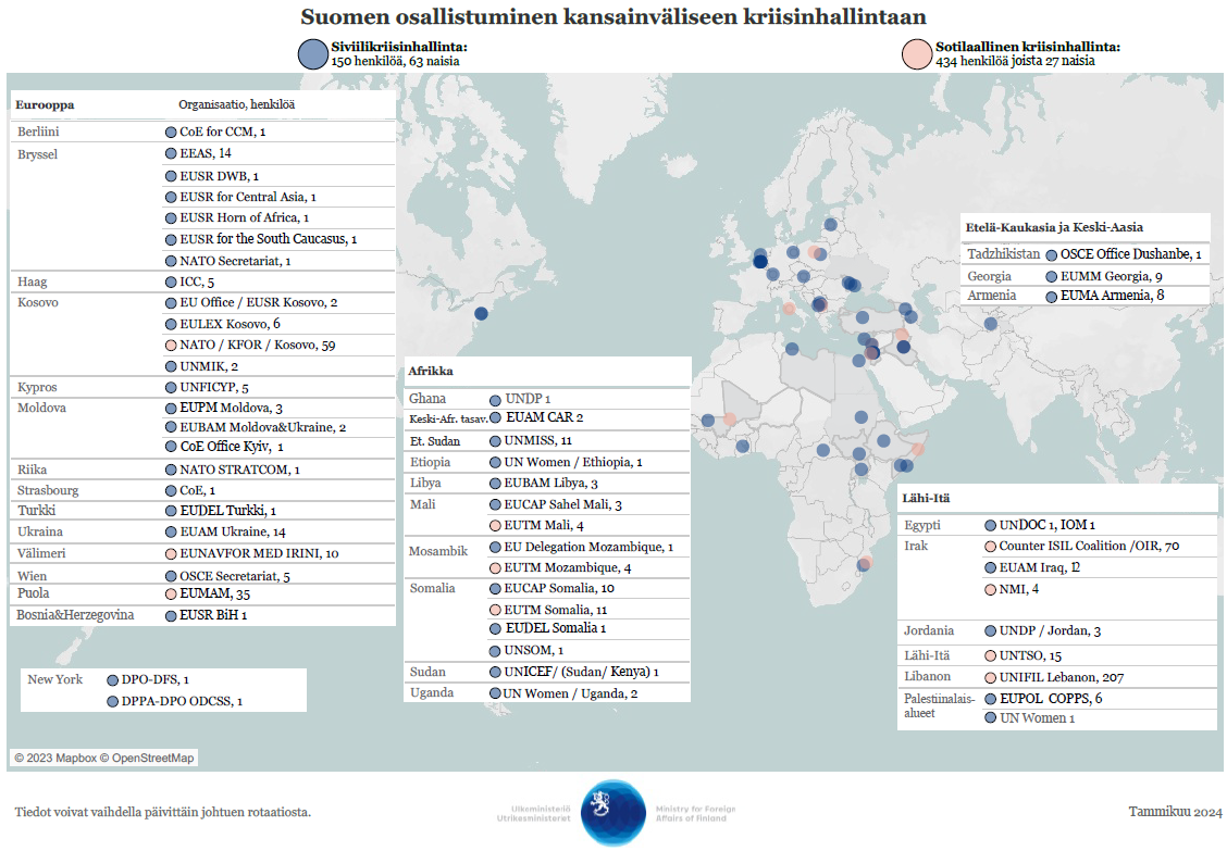 Suomen osallistuminen kansainväliseen kriisinhallintaan kartalla. Katso tiedot alla olevasta pdf-tiedostosta.