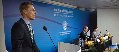 Europa- och utrikeshandelsminister Alexander Stubbs tal under ambassadörsmötet i Finlandiahuset i Helsingfors den 26 augusti 2013. Foto: Eero Kuosmanen