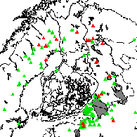Inrikesministeriets satellitbild visar brandläget i närområdena den 14 augusti klockan 14.00. I bilden har bränder som brutit ut sedan den 7 augusti märkts med grönt och bränder som brutit ut under det senaste dygnet med rött.