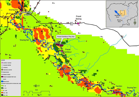 Kartta näyttää riskialttiit alueet, Kambodza. 